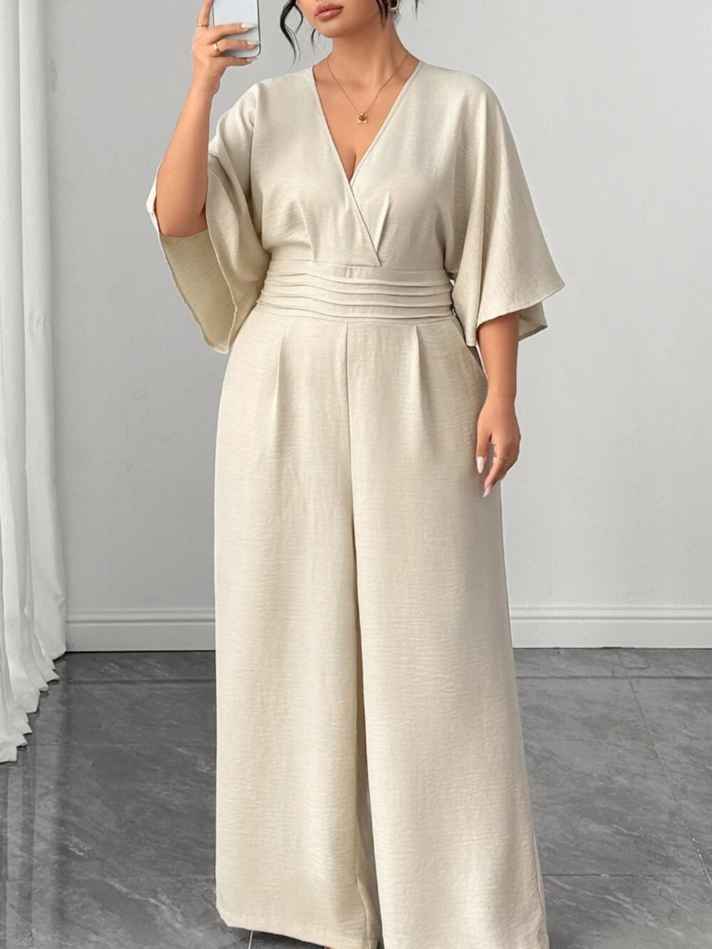 Apricot Elegant Women's Plus Size Knot Ruched Batwing Wide Leg Jumpsuit
